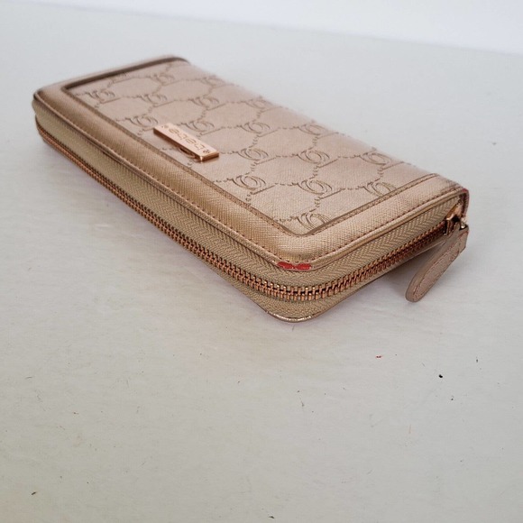 BEBE Rose Gold Signature Zip Around Clutch Wallet Continental Large Long Metalic - Picture 9 of 9
